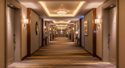 Naklejka premium Luxurious hotel corridor with elegant lighting and carpet