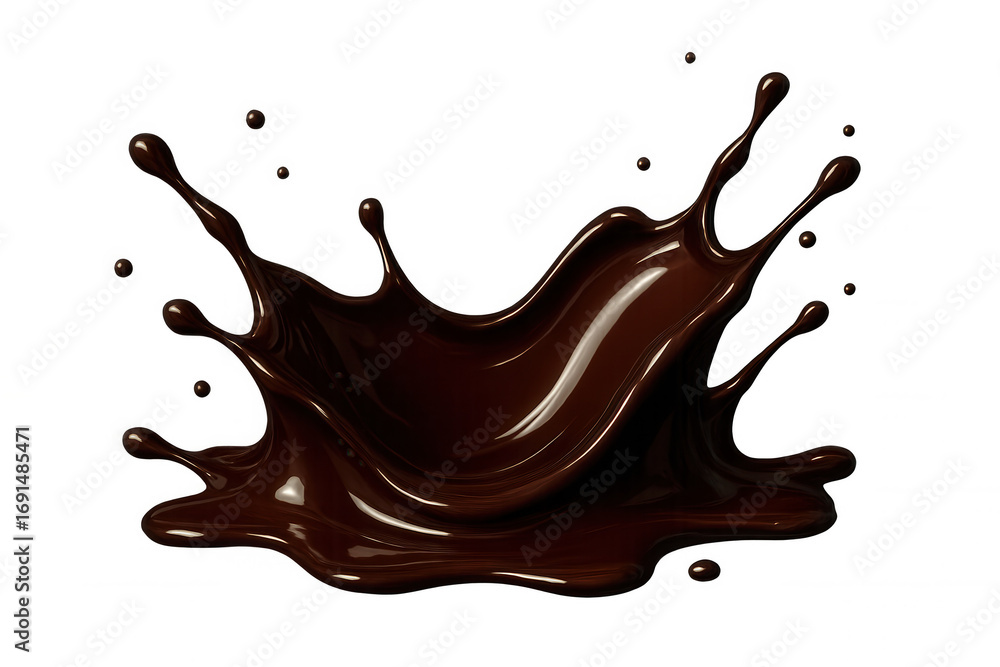 Poster smooth, glossy dark chocolate splashing, creating a crown-like shape with droplets, isolated on a tr