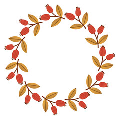 Autumn berry circle frame. Round border made of fall berries. The berries have different shapes and are arranged in a circle. Vector flat isolated on white background.