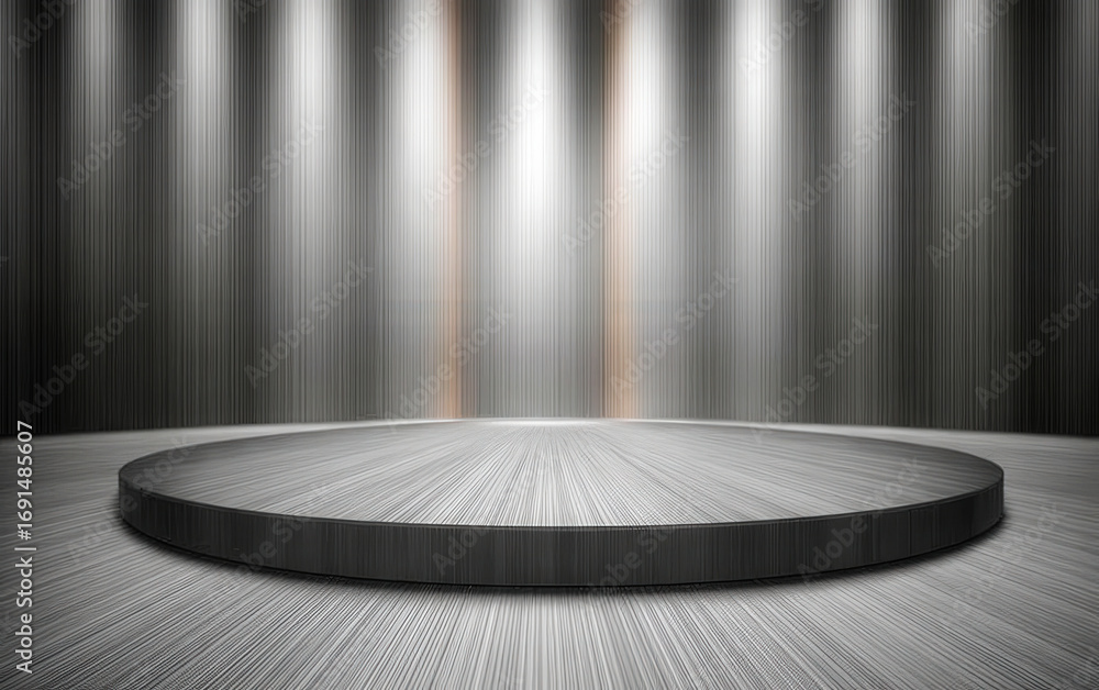 Poster empty circular stage with metallic background and spotlight illumination