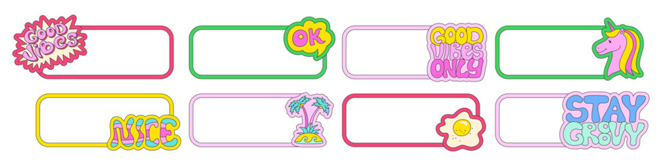 Set of retro stickers, funny cool phrases label pack. Vintage pins scrapbook trendy cartoon 90s comic sticker for chat. Naive old school groovy quote patch badges bundle diary memories planner vector