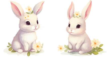 Obraz premium Adorable baby bunny rabbits with flowers in cute poses isolated on white background