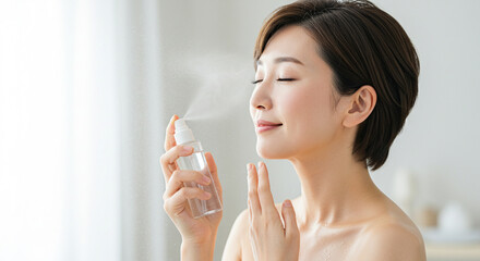 スプレーボトルでスキンケアをする美しい40代ミドル女性のポートレート,美容,日本人,韓国人,中国人