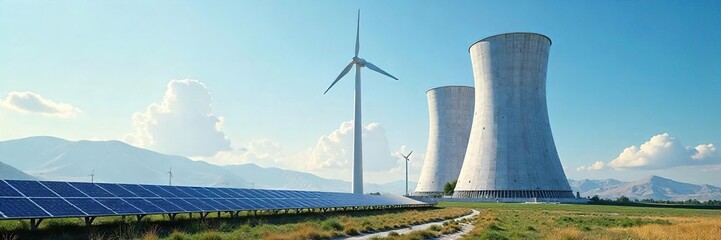 Fototapeta premium Futuristic Clean Energy Power Plant Towering Structure Generating Sustainable Power Under a Clear Sky