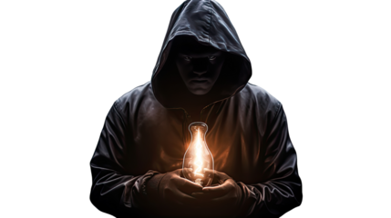 Mysterious hooded figure holding glowing light bulb with dramatic dark atmosphere isolated on white background
