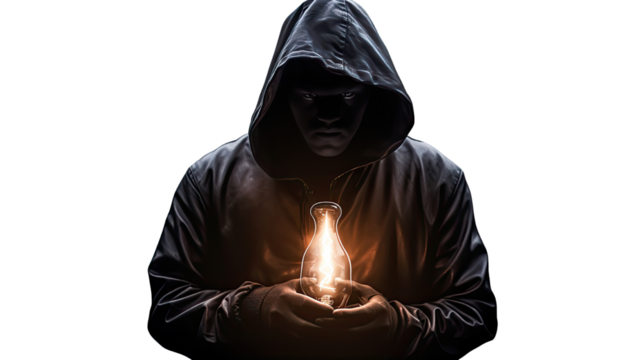 Mysterious hooded figure holding glowing light bulb with dramatic dark atmosphere isolated on white background