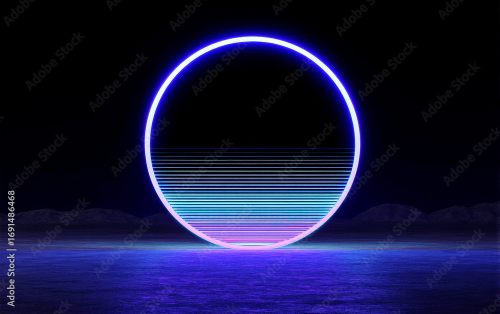 Poster vibrant neon circular light with gradient lines on dark background