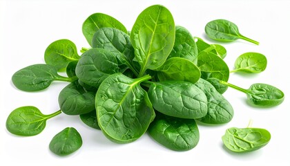 Obraz premium Fresh Spinach leaves whole and cut with green leaves on white background, close-up, studio photography