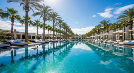 Luxurious swimming pool with palm trees and lounge chairs under clear sky