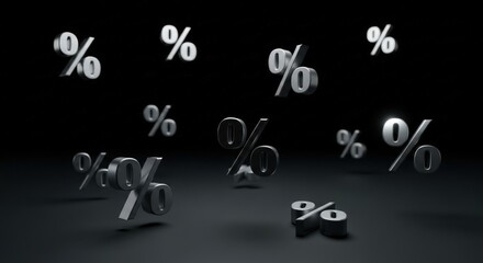 Metallic percentage symbols float in a dark, three-dimensional space, suggesting finance and business.