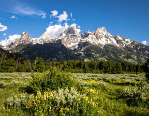 Obraz premium Mountain peaks rise above a valley filled with wildflowers