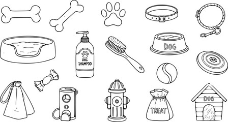 Set of Hand Drawn Dog Care and Accessories. Doodle Vector Illustrations of Pets, Toys, Food and Veterinary Elements