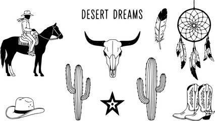 Desert Dreams Cowboy Western Boho Vector Collection. Hand Drawn Wild West Illustrations for Bohemian Design and Vintage Decor