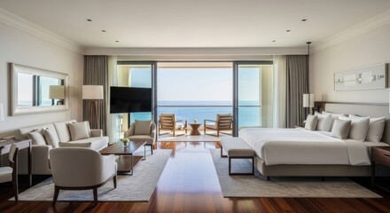 Fototapeta premium Luxurious ocean view bedroom with comfortable furniture and large windows