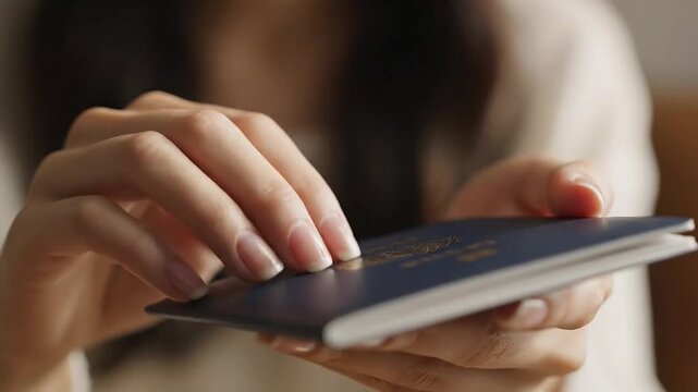 Close-up of woman's hands handling passport, preparing for international travel document check,