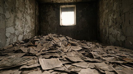 Pile of old newspapers filling a dimly lit room with cracked walls and a small window letting in natural light, evoking a sense of nostalgia and decay