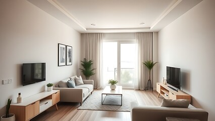 Fototapeta premium Modern apartment interior with clean design, neutral tones, and soft natural lighting.