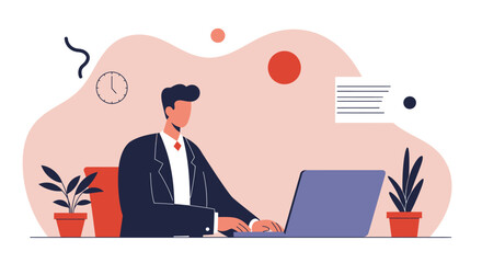 Professional man in a suit working diligently on his laptop in a modern office or remote workspace. Illustrates productivity, business, technology, and contemporary work culture.