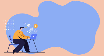 Man working on laptop with digital icons representing data analysis, problem-solving, and online productivity. Ideal for business, technology, and remote work concepts.