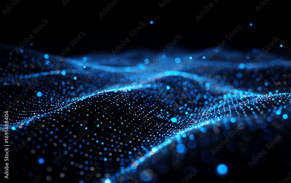 Poster abstract blue particle waves representing digital technology