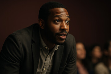 Engaged professional man attentively listening during business meeting or presentation, showing active interest and focus