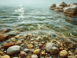 Obraz premium Clear Water with Colorful Pebbles and Rocks 