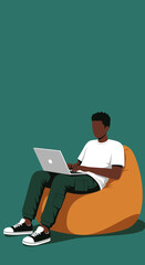 Young Black man comfortably working on a laptop while sitting on a bean bag chair. Ideal for remote work, casual computing, and digital lifestyle concepts.
