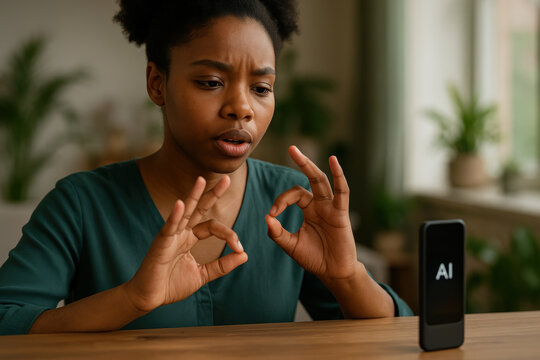 Young woman communicating with sign language during video call using smartphone application, remote learning with digital ai assistant - Powered by Adobe
