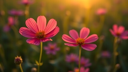 Obraz premium A vibrant cosmos flower blooming in a sunlit green field, radiating natural beauty and tranquility.