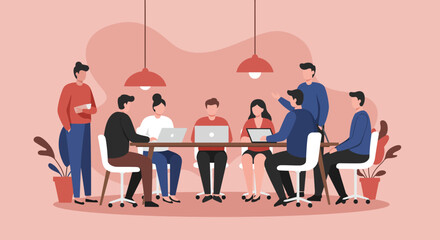 Diverse business team collaborating in a modern office meeting, discussing ideas and working together on laptops. Ideal for concepts of teamwork, productivity, and corporate communication.