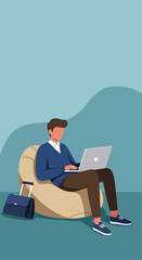 Man working remotely on a laptop from a comfortable bean bag chair, symbolizing flexible work, digital nomad lifestyle, and productivity.