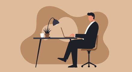 Professional businessman working diligently on a laptop at his desk, suitable for concepts of remote work, productivity, or online business.