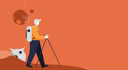 Illustration of a person with trekking poles and a backpack exploring an alien, Mars-like planet. Represents adventure, discovery, and future space travel concepts.
