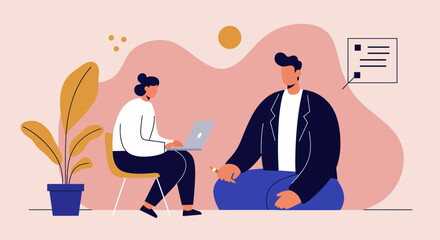 Two professionals, a woman on a laptop and a man with a pen, collaborating on a project in a modern office. Represents teamwork, business meetings, and creative workflow.