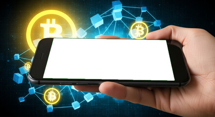 Hand holding a smartphone with a transparent screen and background of cryptocurrencies, bitcoin, ethereum Ideal for digital banking, online finance, money transfers, investment apps, cryptocurrencies,
