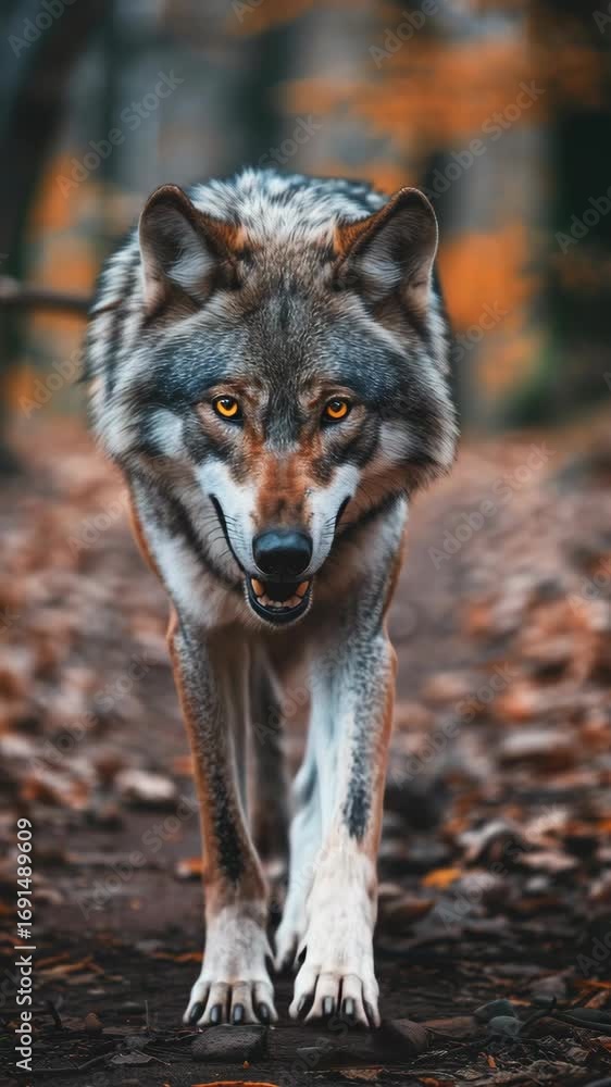 Poster autumnal image of a wolf walking on a forest path with golden lighting.
