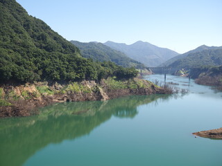 Gunma, Japan - September 7, 2025: Appeared due to drought, submerged disused railroad tracks,...