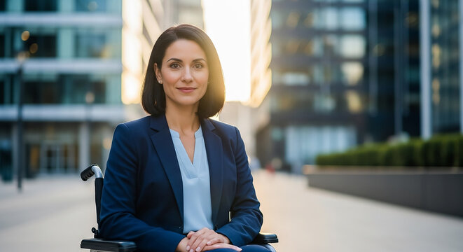 Confident businesswoman in wheelchair smiling outside modern office building