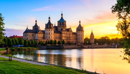 Obraz premium Majestic castle at sunset over a lake