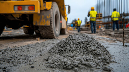 Fototapeta premium Construction site with heavy machinery, workers, yellow truck, raw materials, concrete mixture, industrial environment, equipment in action