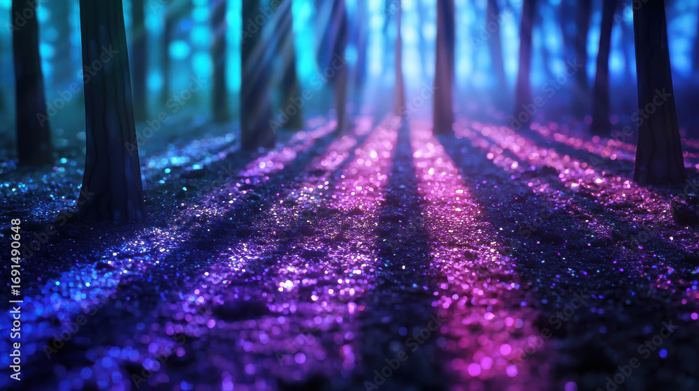 Poster ethereal forest scene with glowing shadows and colorful lighting creating a dreamlike atmosphere in 