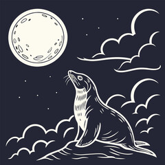 Seal gazing at the moon in a starry night sky illustration.