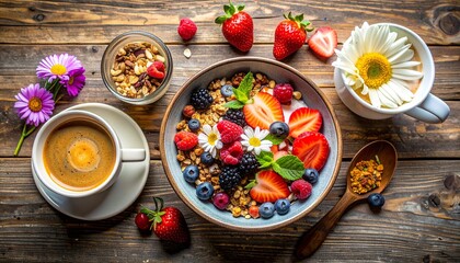 Healthy Granola Bowl with Fresh Berries, Coffee, and Flowers on Rustic Wooden Table