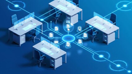 Futuristic Isometric Office Desks Connected in a Digital Network. - Powered by Adobe