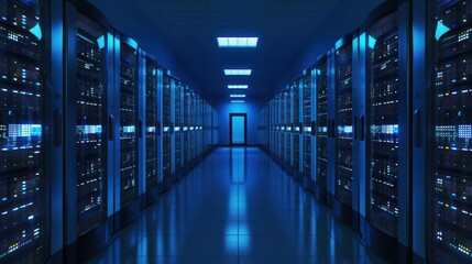 Data Center Server Room with Rows of Illuminated Computer Racks in Blue Lighting
