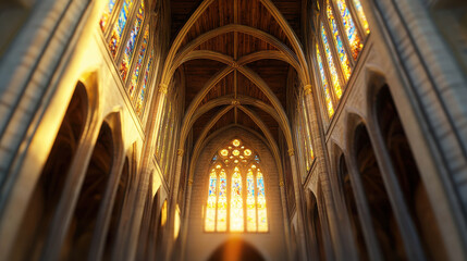 Obraz premium Majestic Gothic Architecture Interior with Colorful Stained Glass Windows Illuminating Sacred Space at Dawn