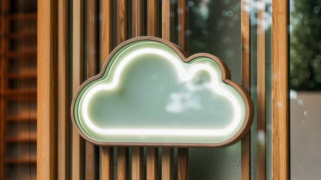 Cloud neon sign glow modern wood glass serverless security cloud icon technology network data storage computing minimal design calm mood concept
