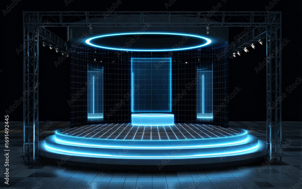 Poster modern stage with neon lights for performance and display