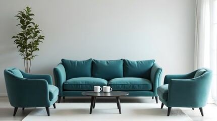 Modern teal living room with velvet sofa and armchairs offering comfort and style for relaxing afternoons