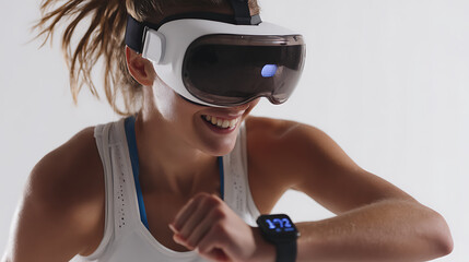 Athlete using virtual reality goggles and checking smartwatch during workout